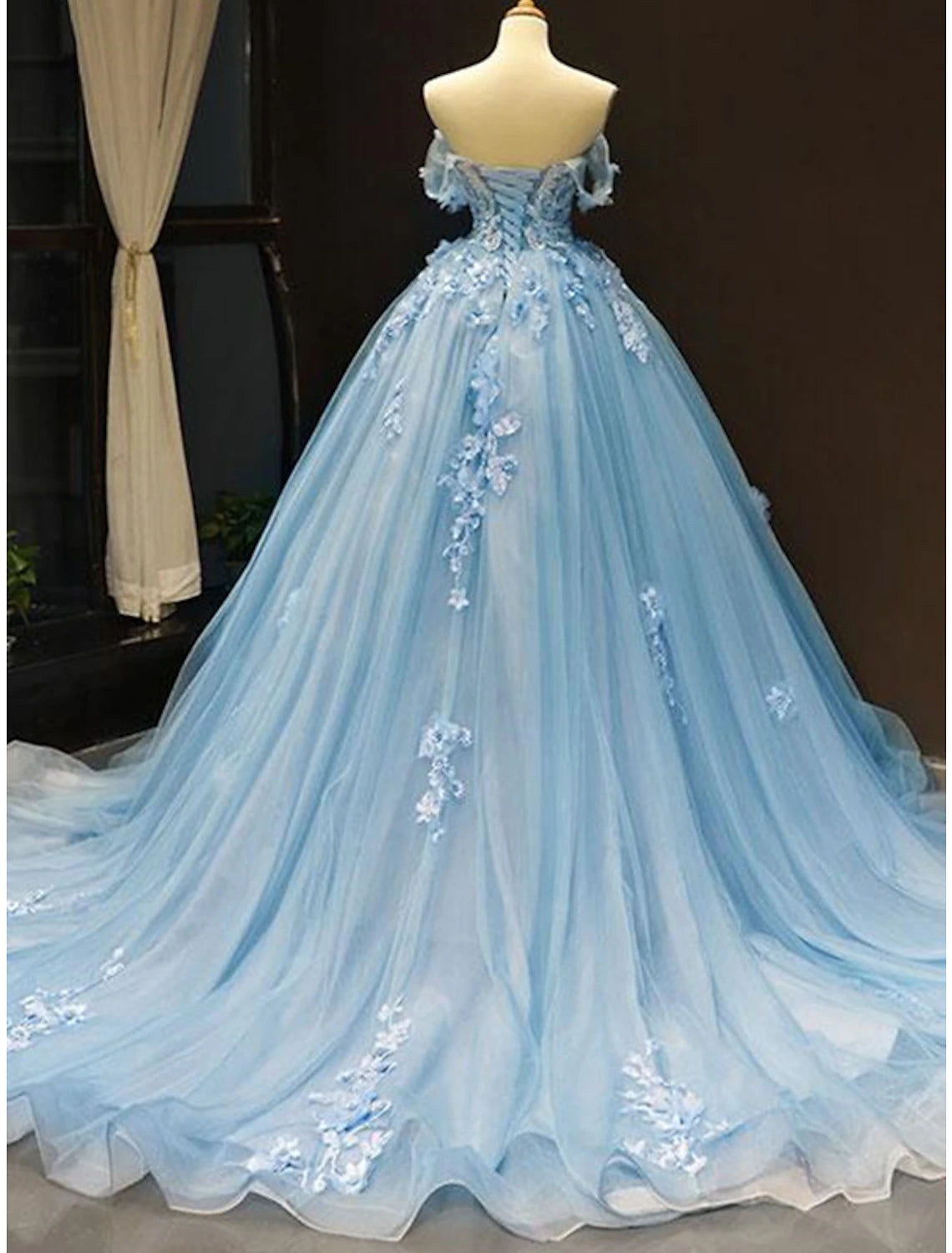 Sky Blue Off-the-Shoulder Sweetheart Tulle Ball Gown Floor-Length Dress with Lace Appliques