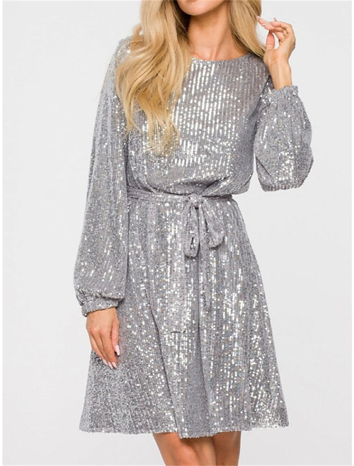 Abito da donna con paillettes nere, abito da festa, abito scintillante, abito da ballo, abito da cocktail, abito midi, nero champagne, manica lunga, glitter scintillanti, con lacci, autunno inverno, girocollo, da invitata a nozze