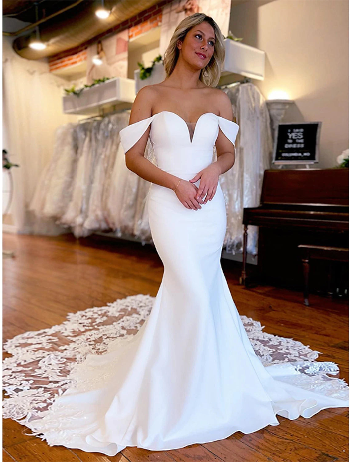 Ivory Satin Off-the-Shoulder Mermaid Floor-Length Evening Dress