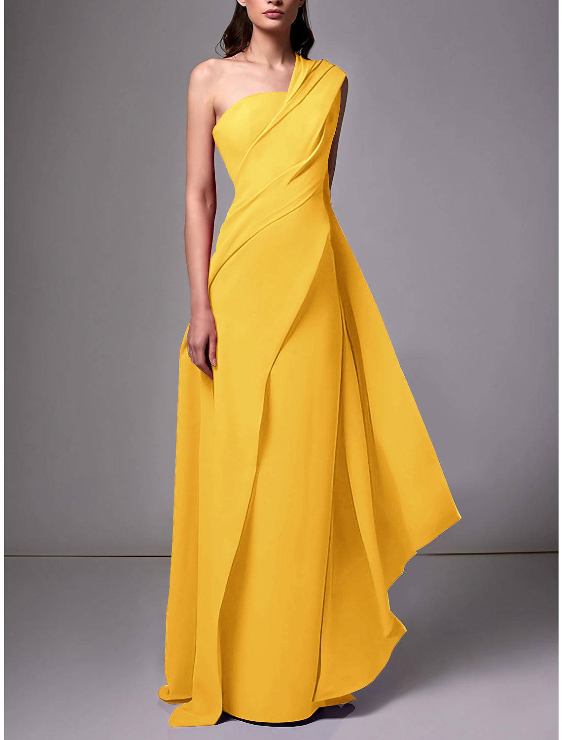 Red Crepe A-Line Floor-Length Evening Dress with One Shoulder Neckline