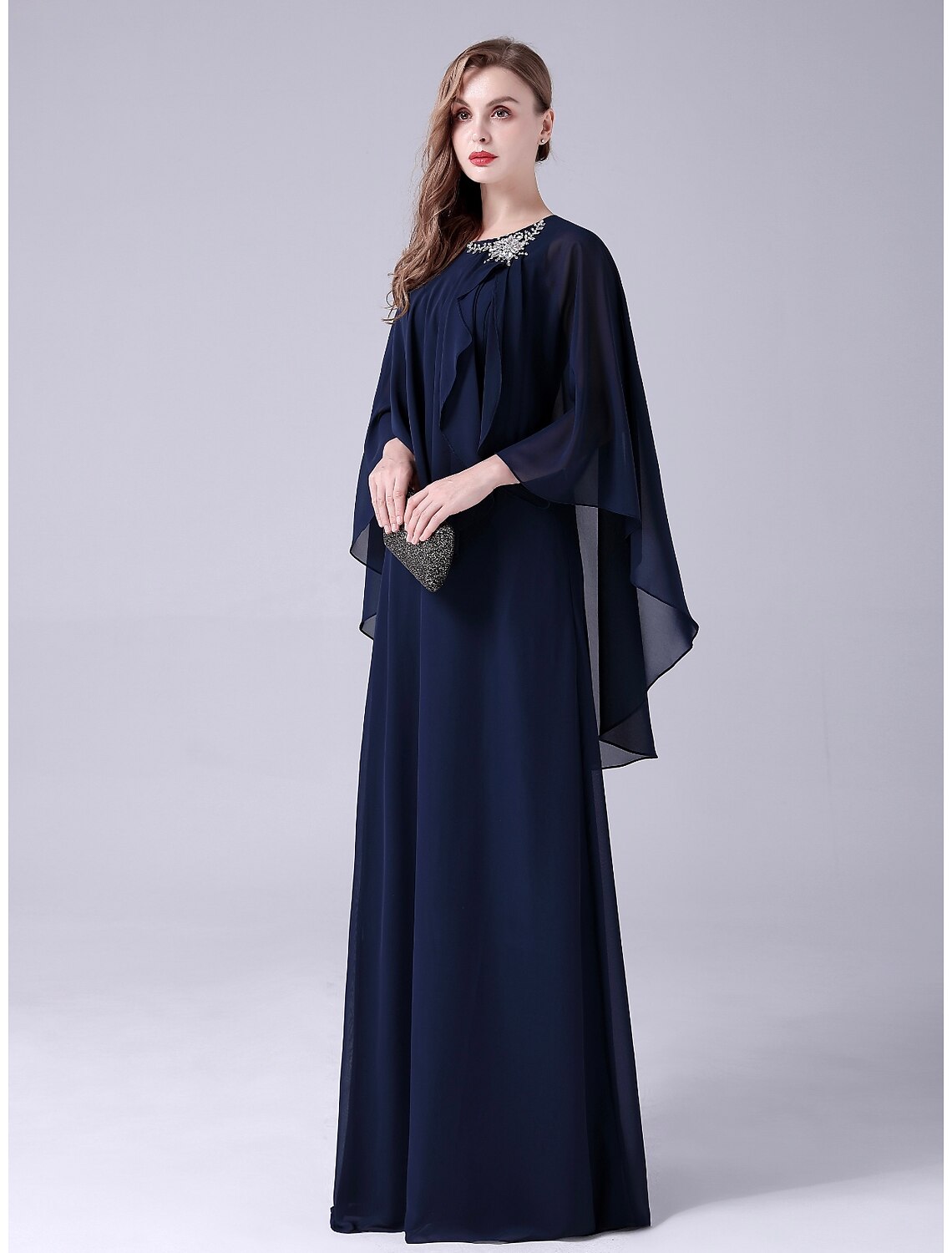 A-Line Mother of the Bride Dress Elegant Sweet Jewel Neck Floor Length Chiffon Sleeveless with Crystals Draping