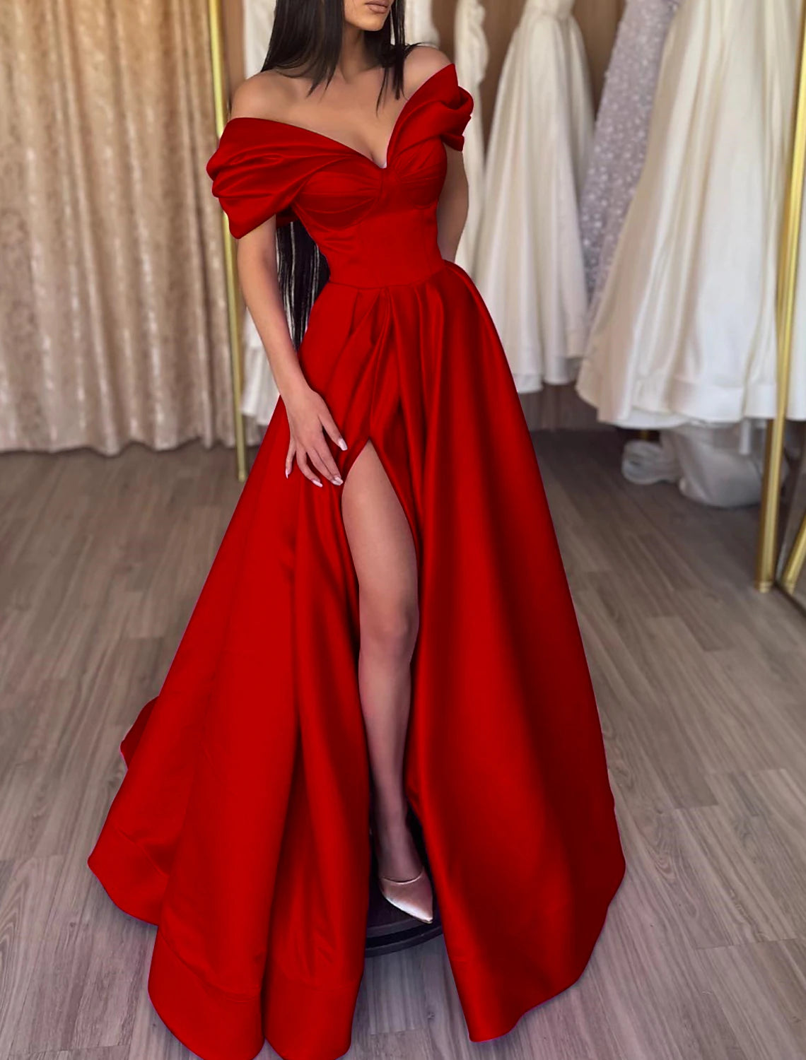 Vestido de noche de corte A, vestido de fiesta, vestido sexy, vestido de graduación, cumpleaños, largo hasta el suelo, manga corta, hombros descubiertos, satén con abertura, color puro