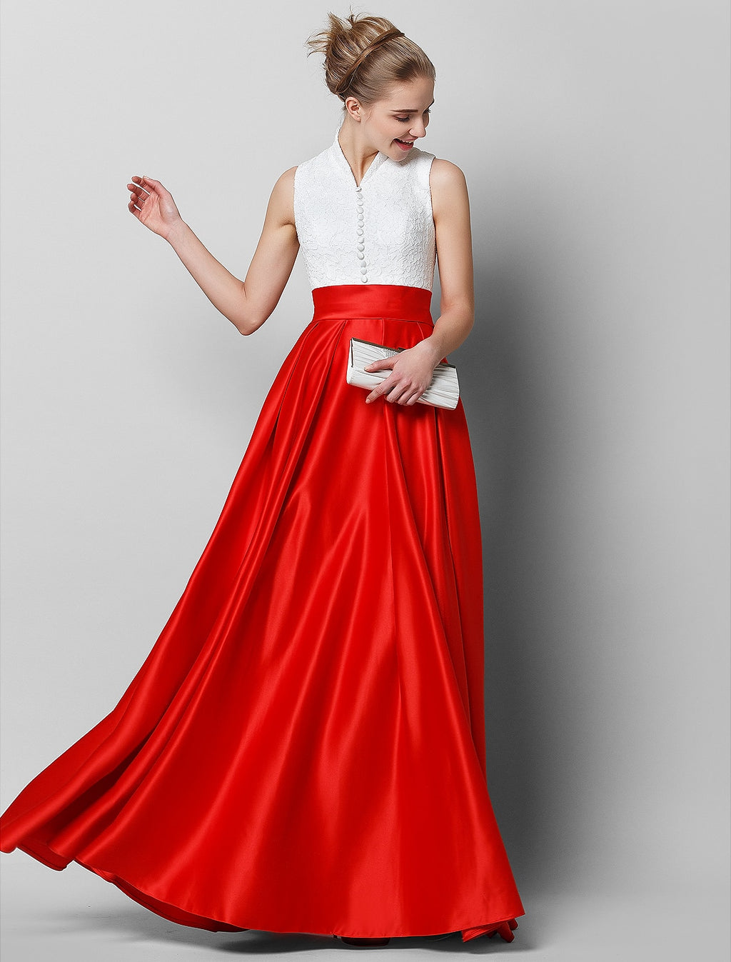Vestido de gala formal de noche con cuello alto, sin mangas, largo hasta el suelo, de encaje y pliegues, elegante y lujoso, con bloques de color.