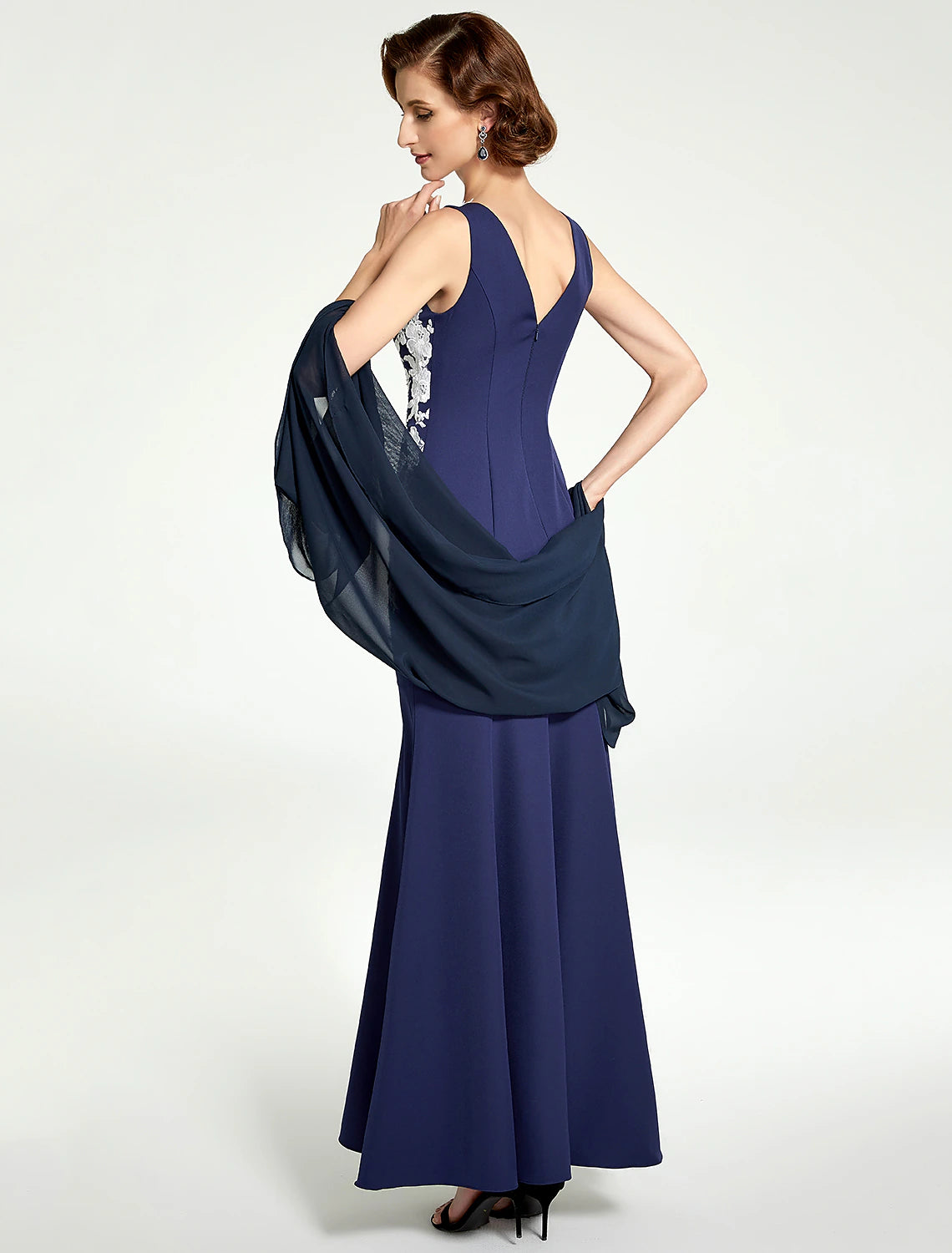 Vestido de madre de la novia de sirena/trompeta, cuello joya, largo hasta el suelo, gasa, encaje, sin mangas con encaje