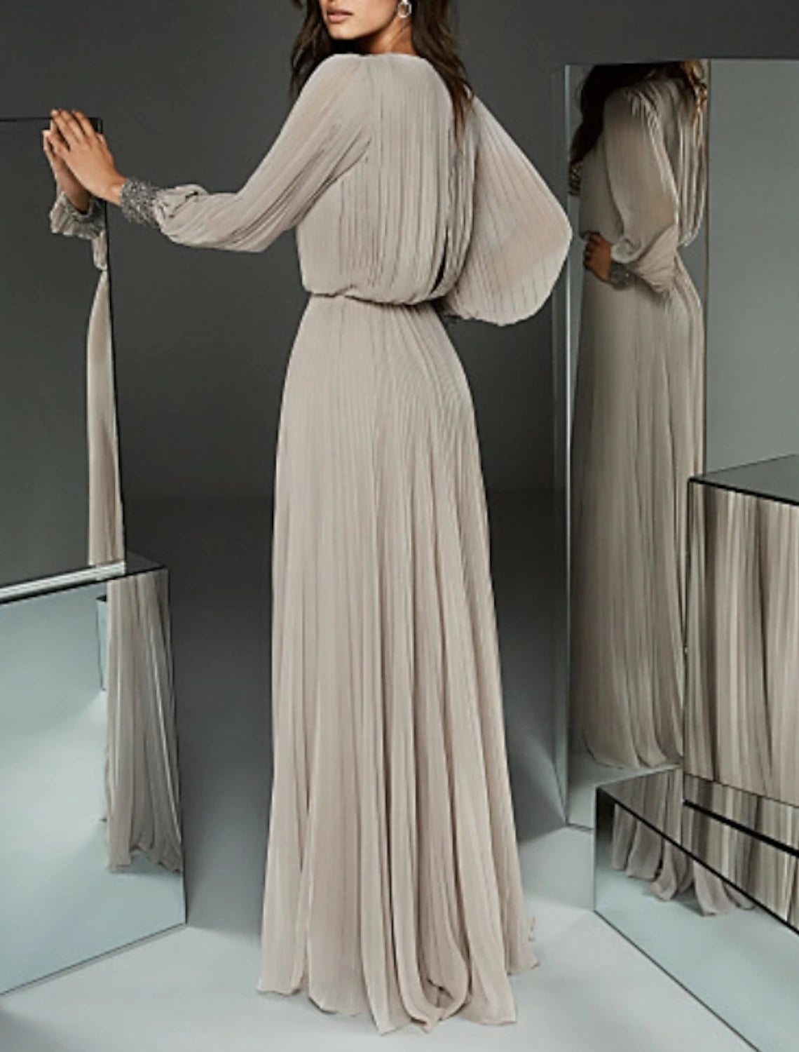 Pleated Grey Chiffon A-Line Keyhole Neck Floor-Length Dress