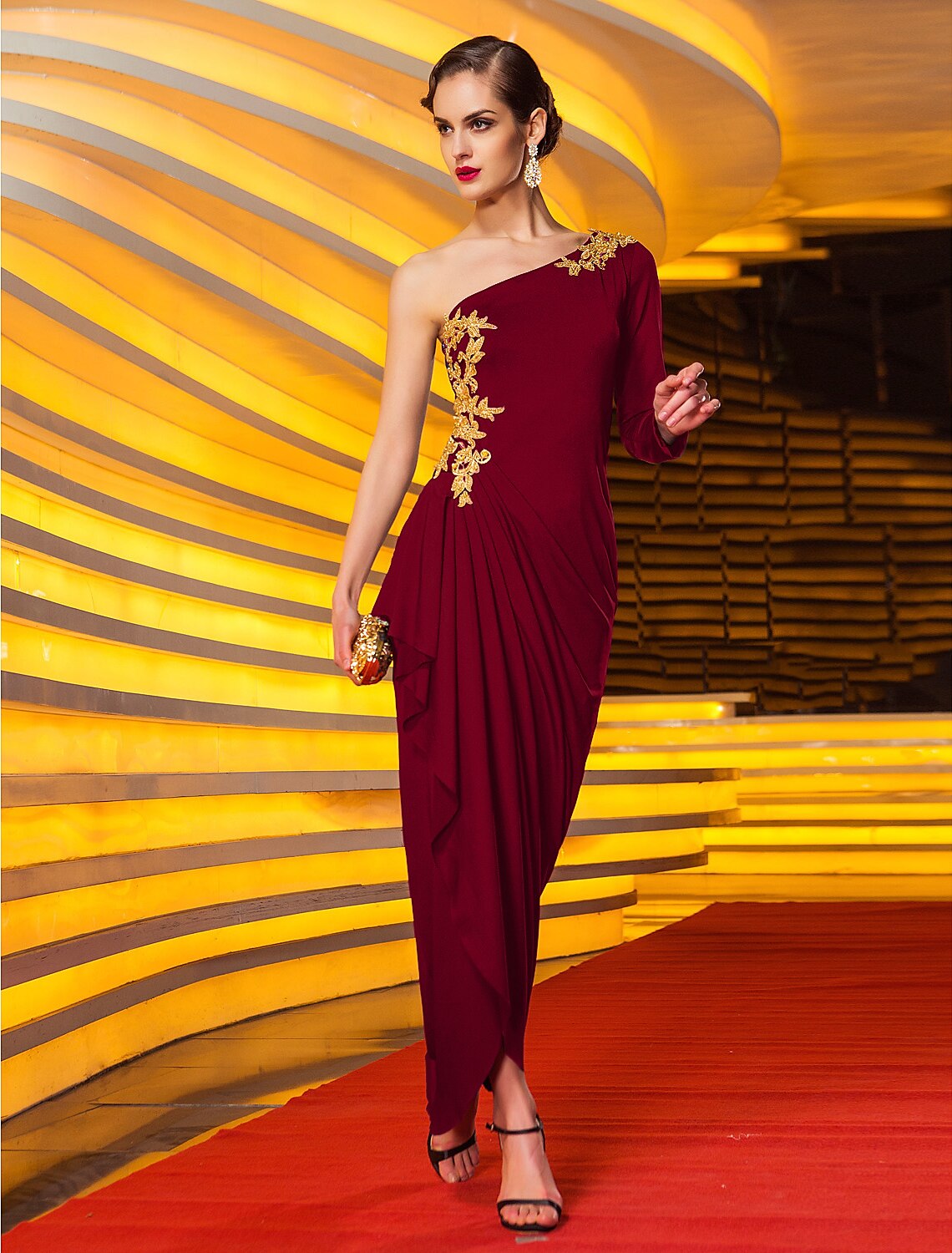 Dark Navy Crepe One Shoulder Sheath/column Floor-Length Evening Dress