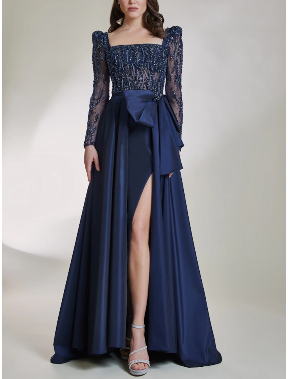 A-Line Prom Dresses Elegant Dress Formal Sweep / Brush Train Long Sleeve Square Neck Satin with Bow(s) Sequin Slit 2025