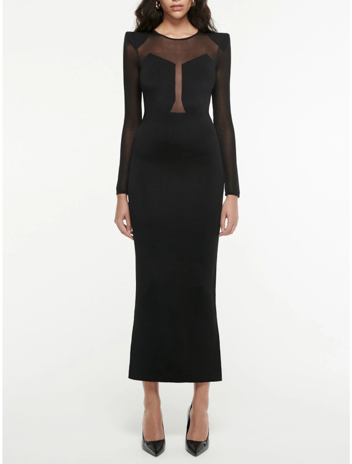 Mermaid / Trumpet Evening Gown Elegant Dress Formal Tea Length Black Dress Long Sleeve Jewel Neck  Fabric with Pleats