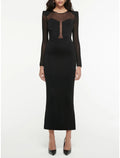 Black Crepe Illusion Neck Sheath/column Midi Dress