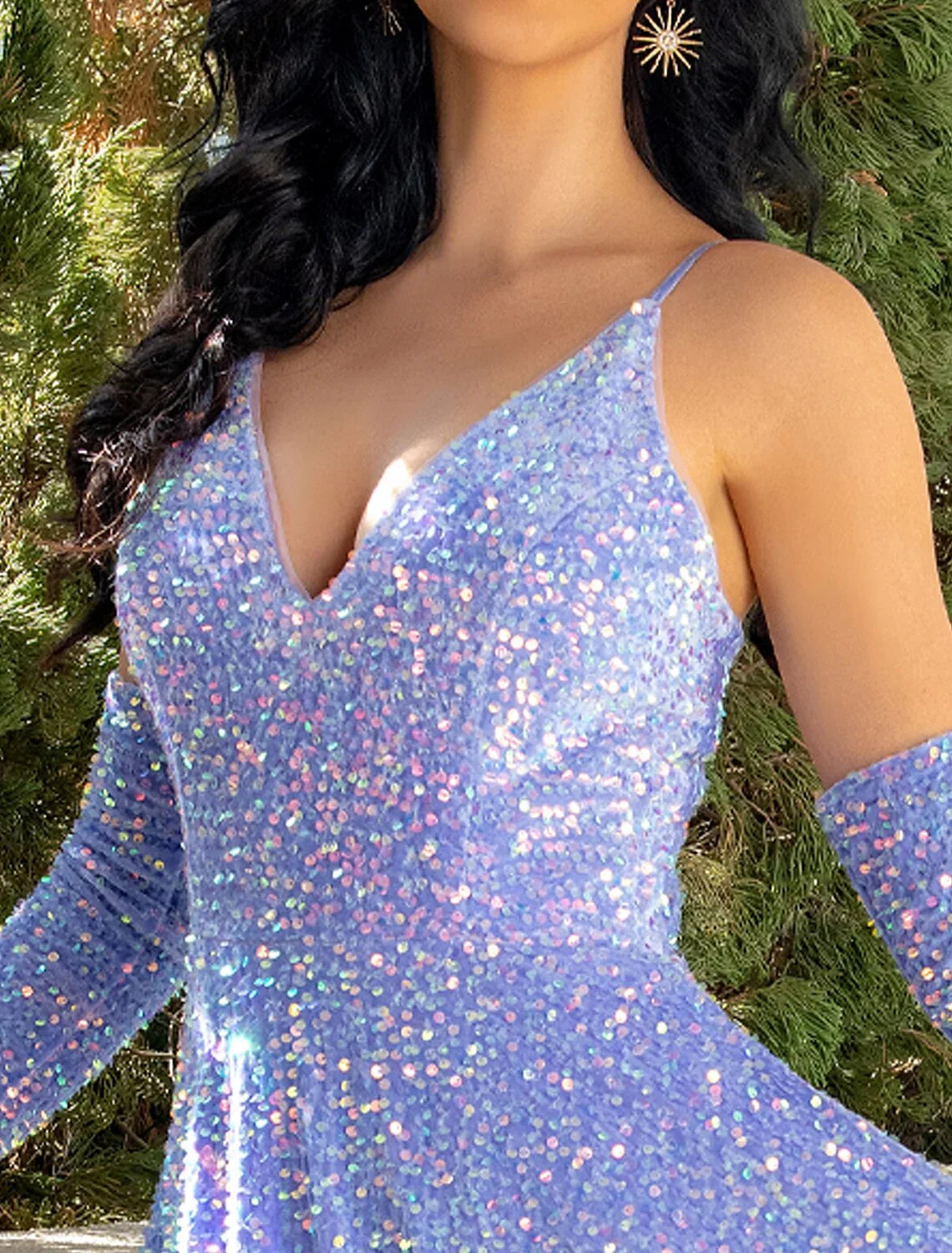 Lavender Sequin A-Line V-Neck Floor-Length Gown with Detached Cold-Shoulder Sleeves