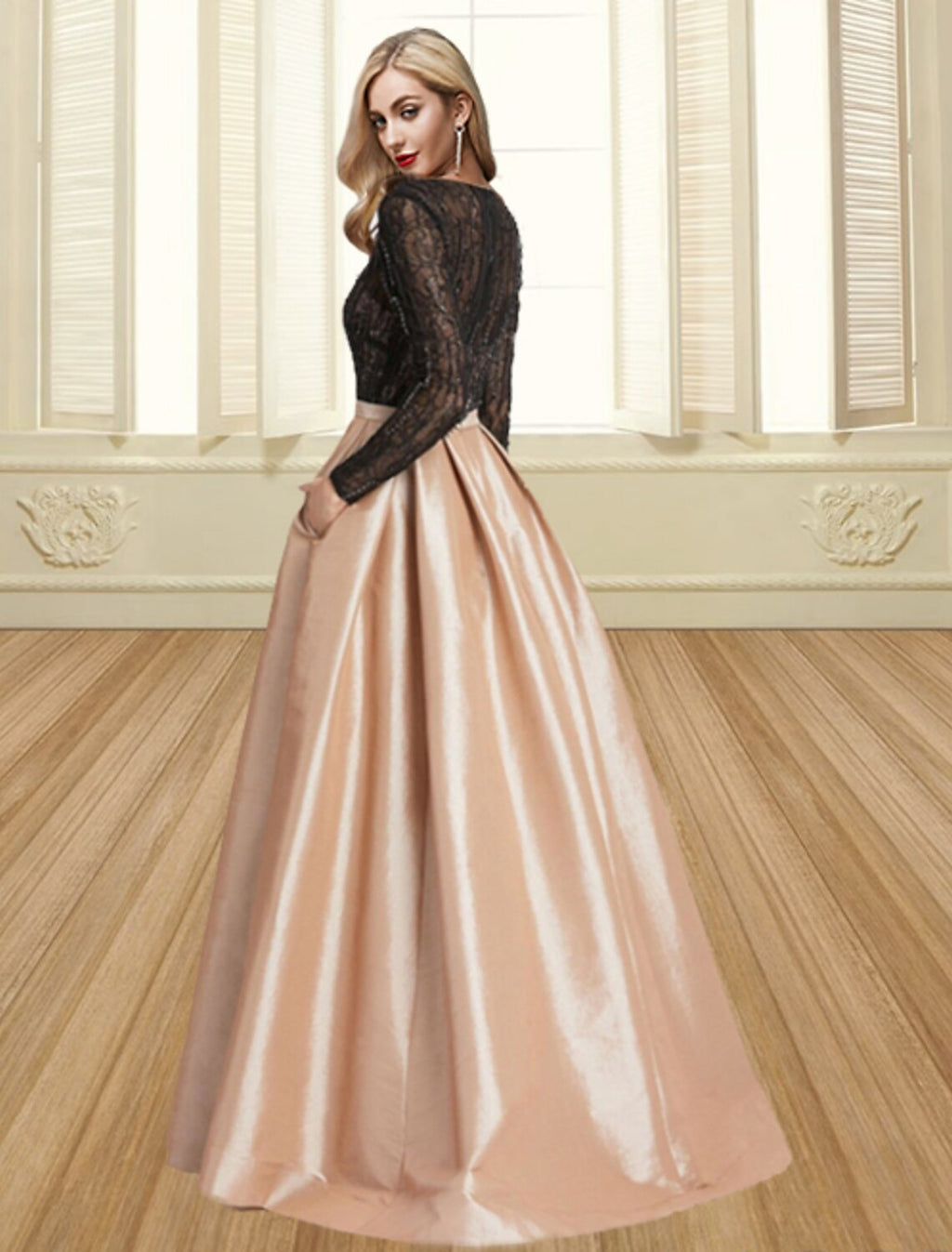 Vestido de noche con bloques de color, vestido de fiesta, vestido formal de noche, largo hasta el suelo, manga larga, cuello joya, satén con pliegues