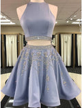 Vestidos de fiesta de dos piezas, elegantes, para vacaciones, graduación, cortos/mini, sin mangas, con cuello joya, de satén y cuentas.