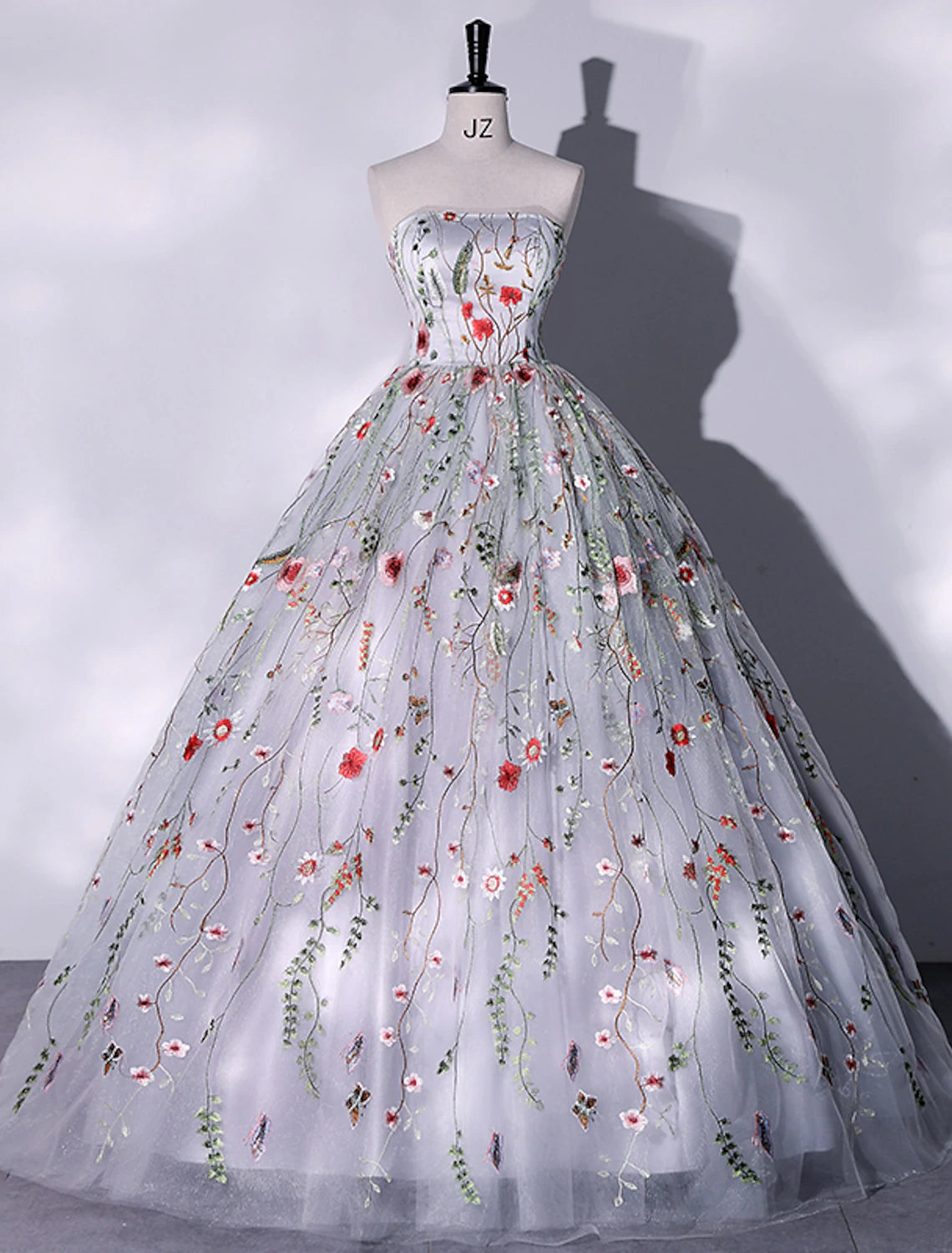 Vestido de noche elegante, vestido de quinceañera, cumpleaños, largo hasta el suelo, sin mangas, sin tirantes, de encaje con aberturas, bordados y apliques.