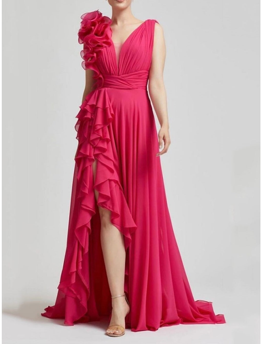 Pink Chiffon A-Line Floor-Length Evening Gown with Sculptural Ruffle