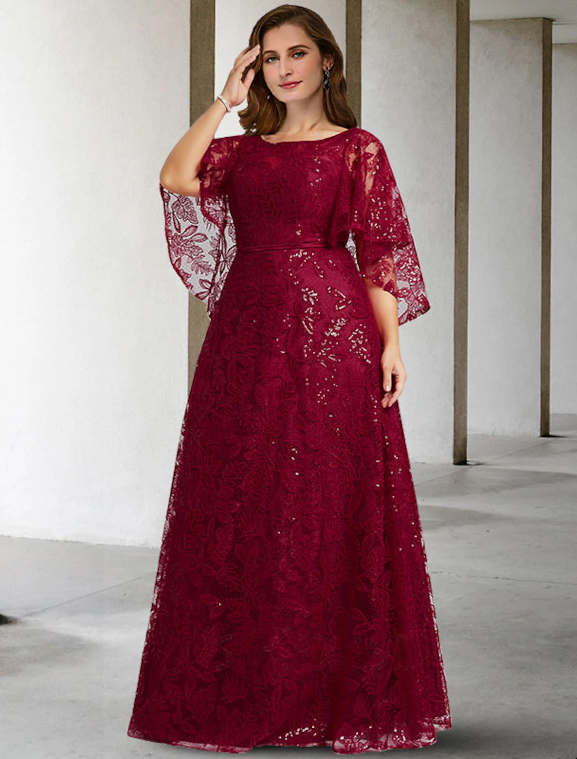 Burgundy Lace A-Line Floor-Length Evening Dress with Scattered Sequins