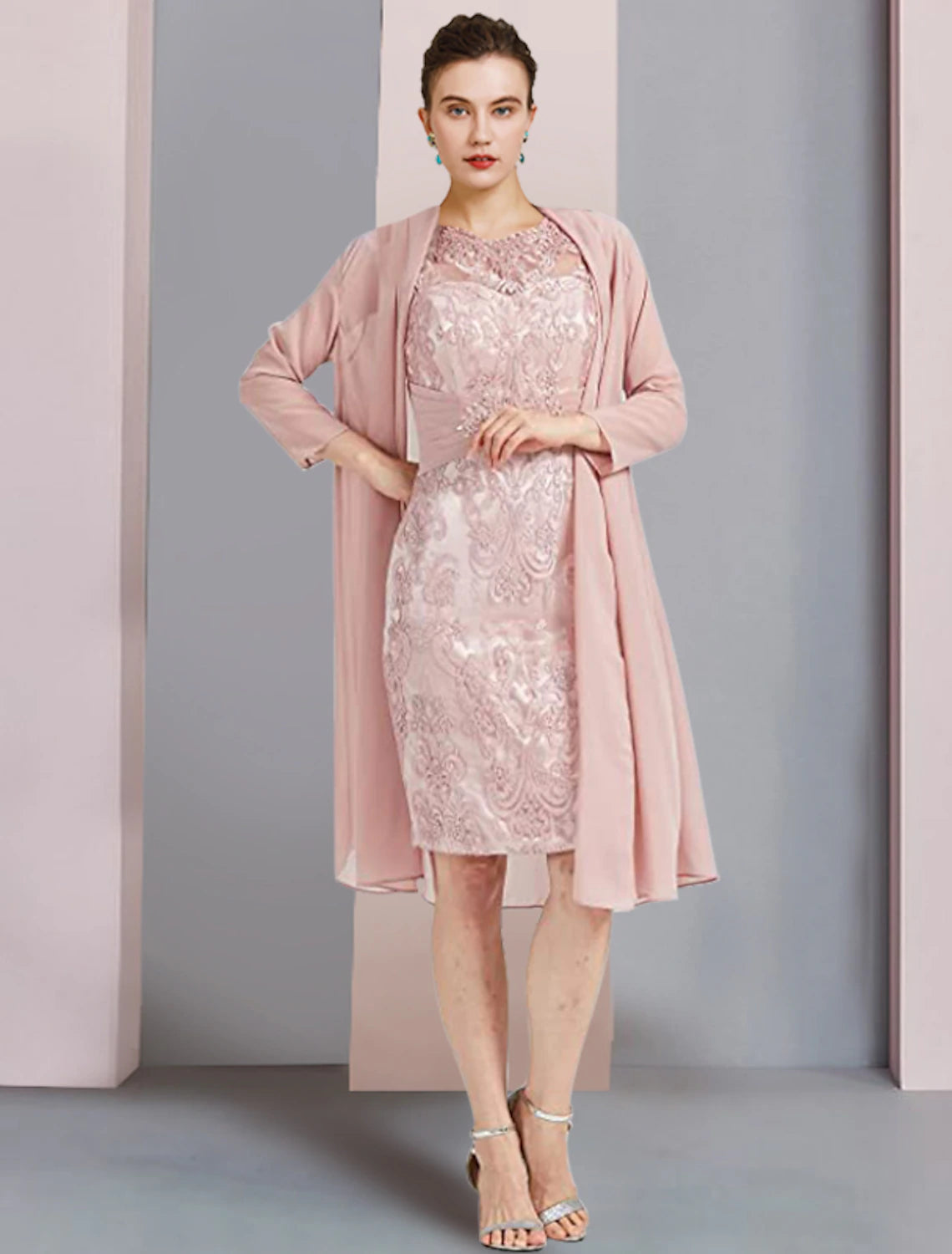 Vestido de dos piezas tipo tubo/columna para madre de la novia, elegante, de escote redondo, largo hasta la rodilla, de gasa, con encaje, sin mangas, con apliques de cuentas