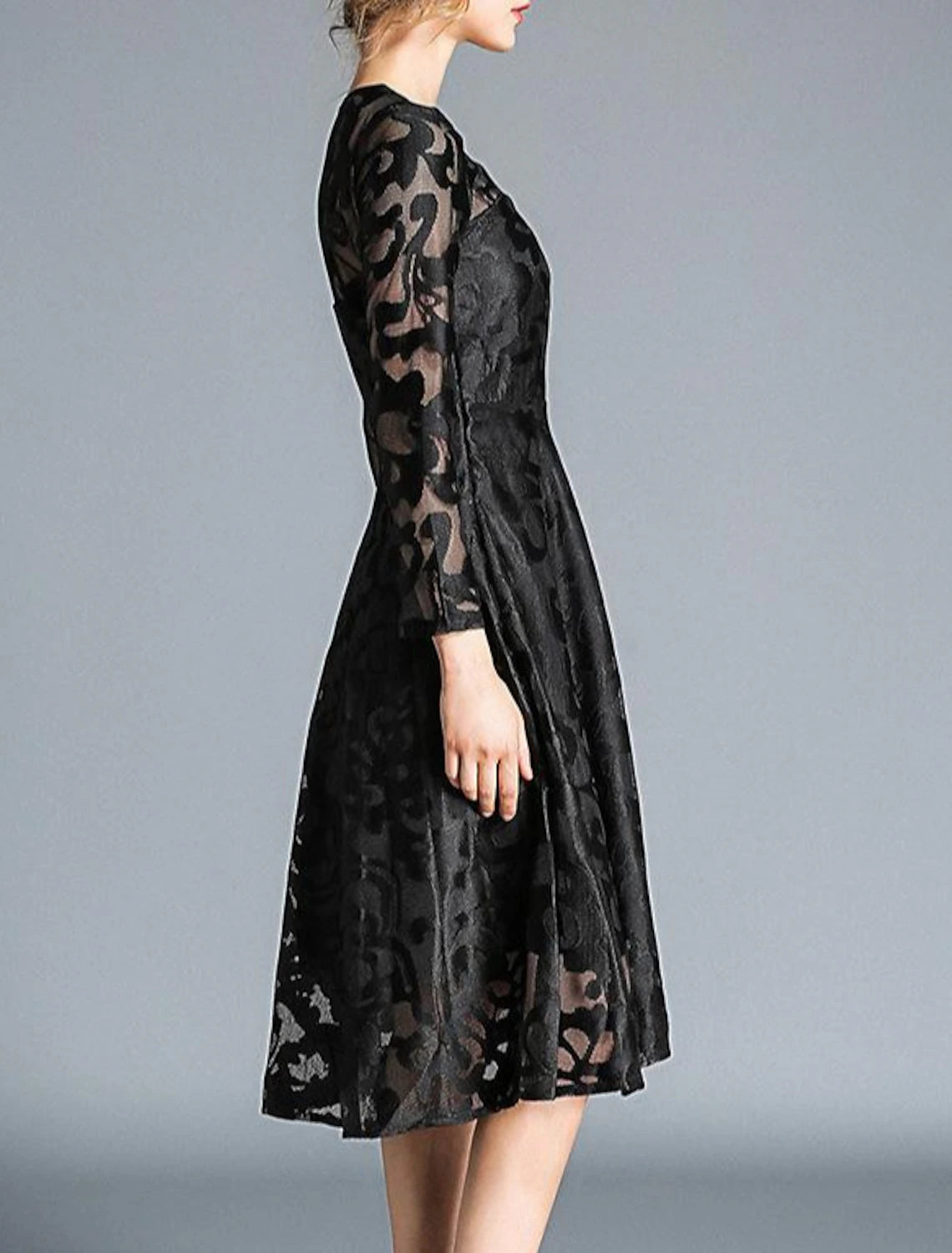 Abito da festa da donna, abito in pizzo, abito a trapezio, abito midi, rosso vino, nero e blu, manica lunga, colore puro, pizzo, inverno, autunno e primavera, scollo rotondo, elegante, abito invernale da festa, da invitata a nozze