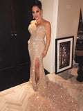 Champagne Sequin Mermaid Floor-Length Evening Dress with Sweetheart Neckline