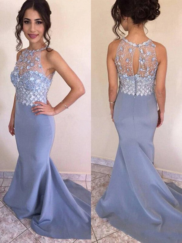 Trumpet/Mermaid Sleeveless Jewel Sweep/Brush Train Crystal Satin Dresses