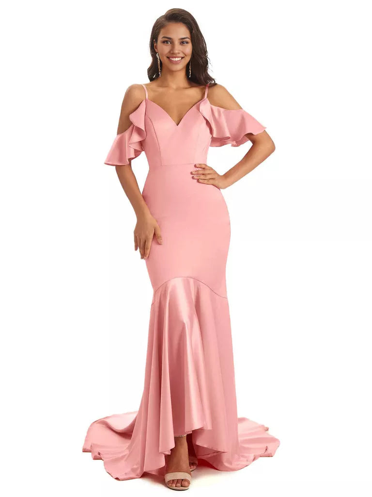 Soft Satin Asymmetric Spaghetti Straps Sleeveless Mermaid Cold Shoulder Bridesmaid Dresses