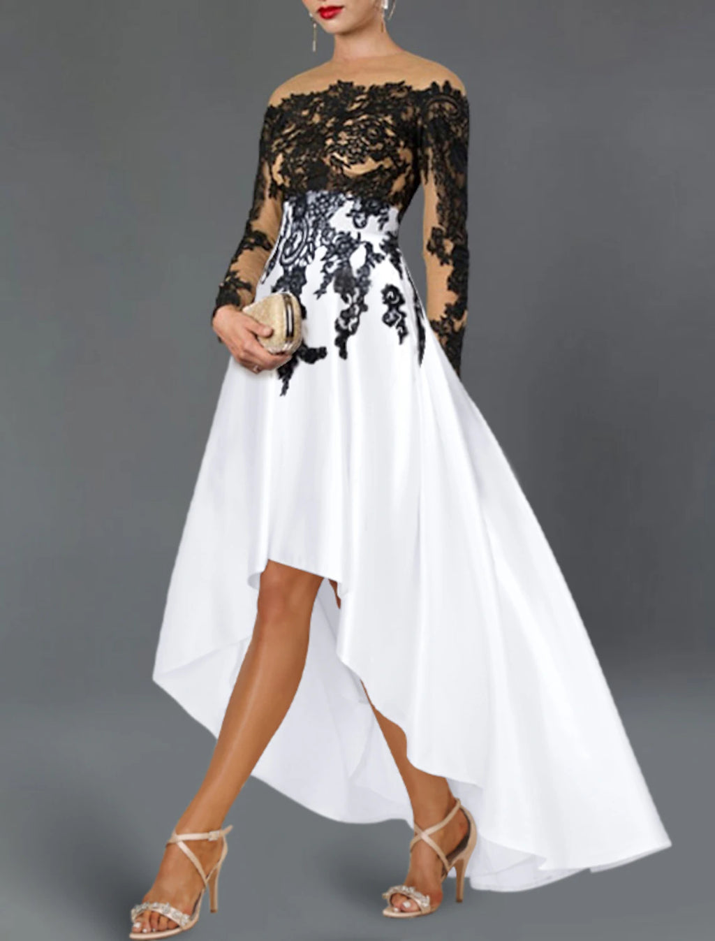 Black Lace A-Line Asymmetrical Evening Dress