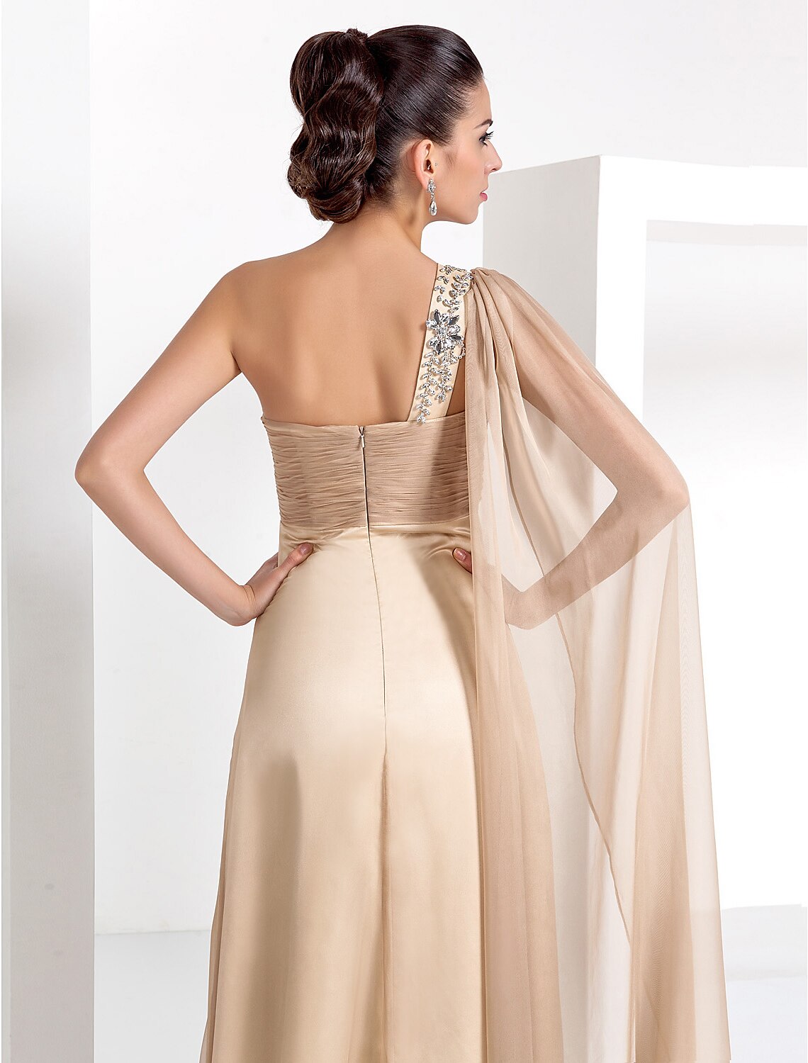 Champagne Chiffon A-Line Floor-Length Evening Dress with One Shoulder & Beaded Strap