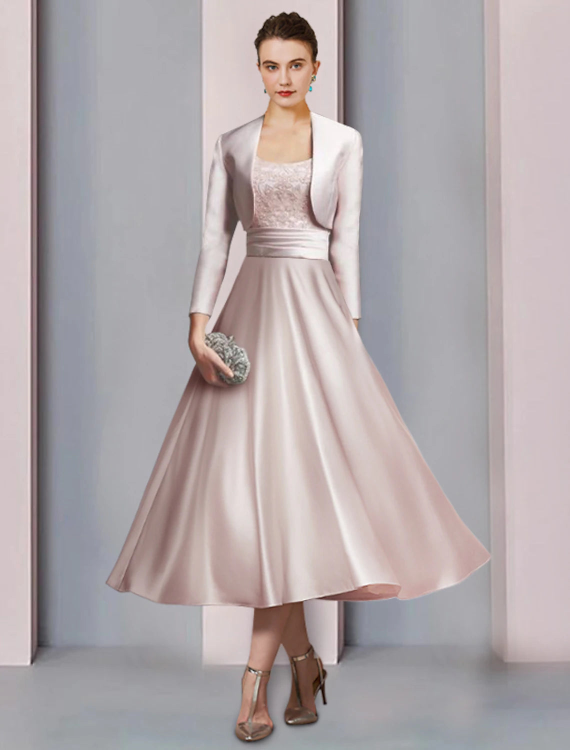 Blushing Pink Satin A-Line Tea-Length Dress with Square Neck, Lace Bodice & Bolero Jacket