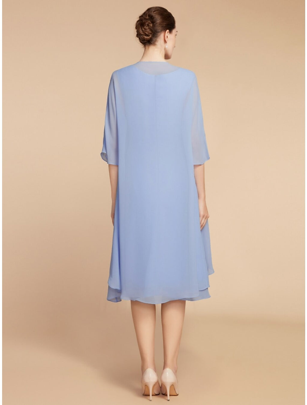 Dusty Blue Chiffon A-Line Tea-Length Bridesmaid Dress with Lace Bodice & Jacket