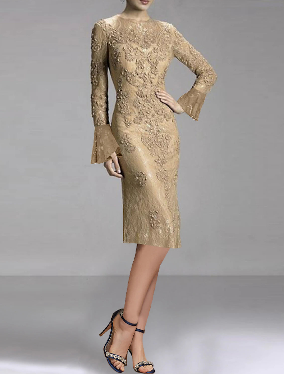 Champagne Lace Sheath Knee-Length Dress with Bell Sleeves & Boat Neck