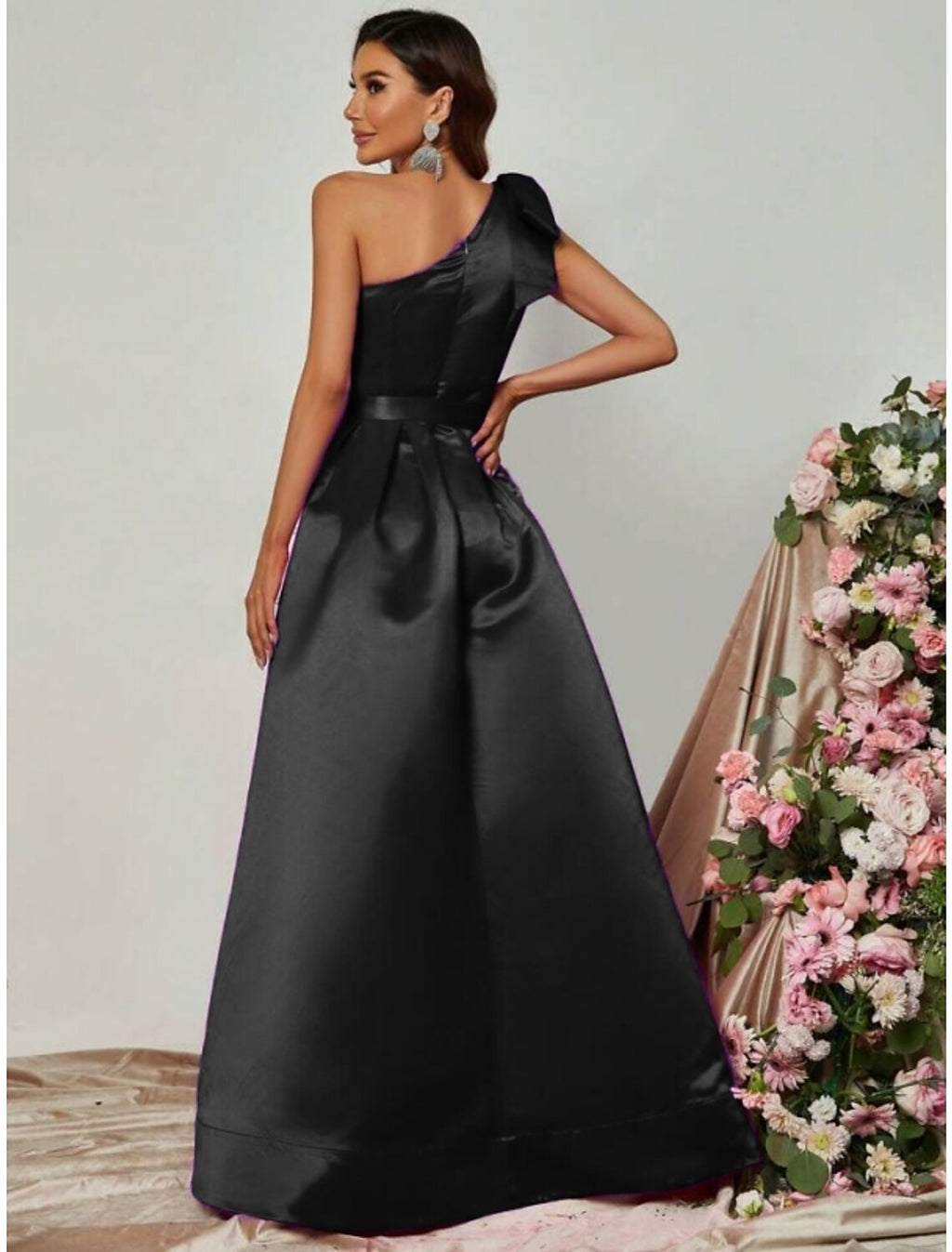 Black Satin One Shoulder A-Line Floor-Length Evening Dress