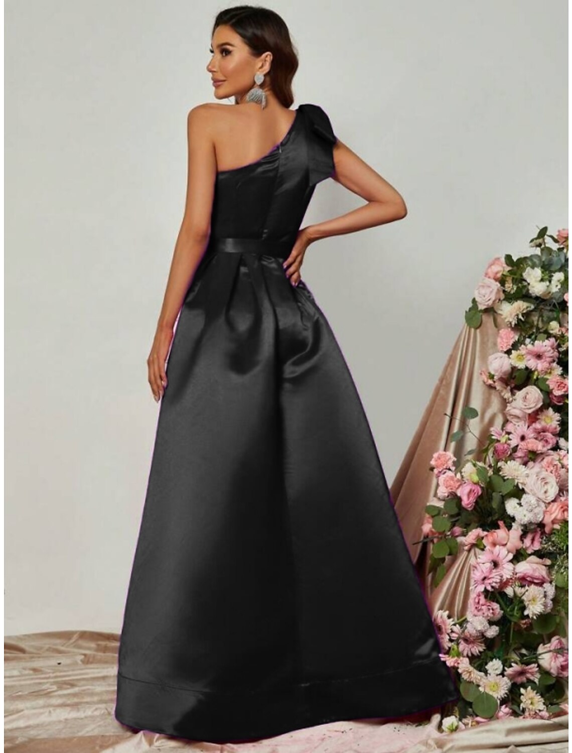 Black Satin One Shoulder A-Line Floor-Length Evening Dress