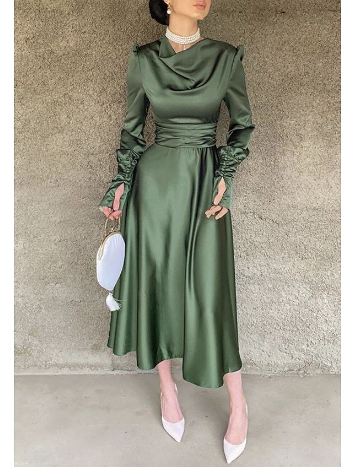 Vestido de cóctel de corte A, vestido navideño rojo y verde, elegante vestido de invitada de boda, otoño, largo hasta la rodilla, manga larga, cuello vuelto, vestido de dama de honor, vestido rojo y verde de satén con fruncido