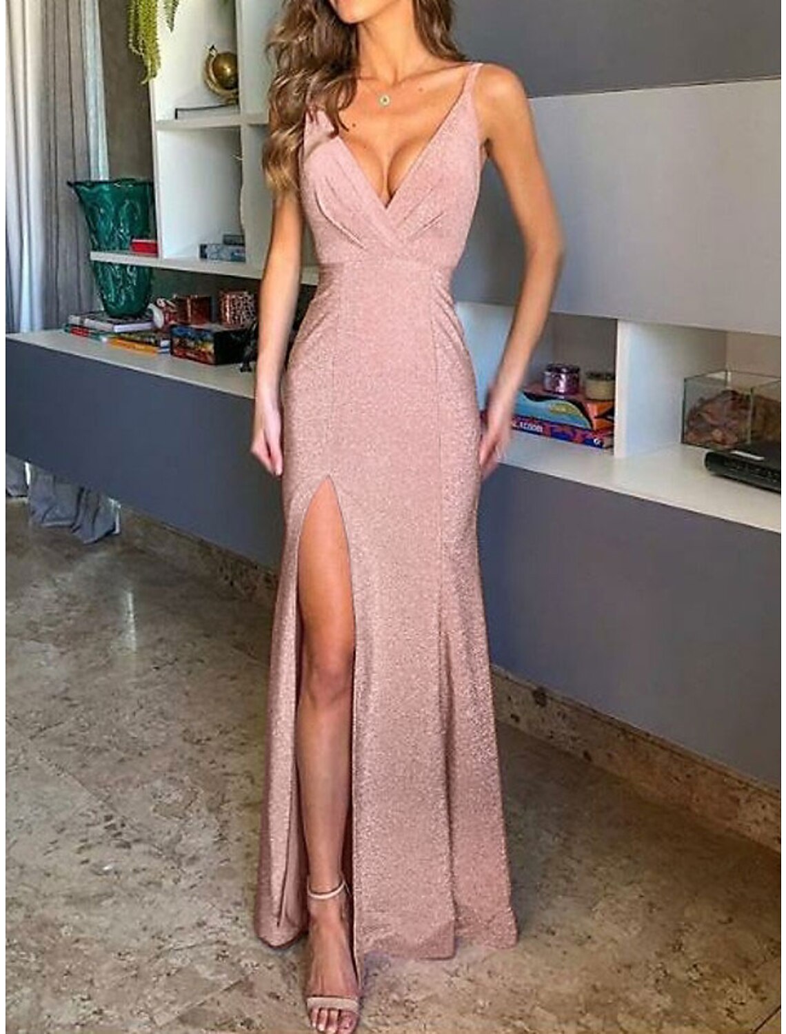 Sheath / Column Evening Gown Elegant Dress Formal Evening Floor Length Sleeveless Spaghetti Strap Polyester with Pleats Split Front