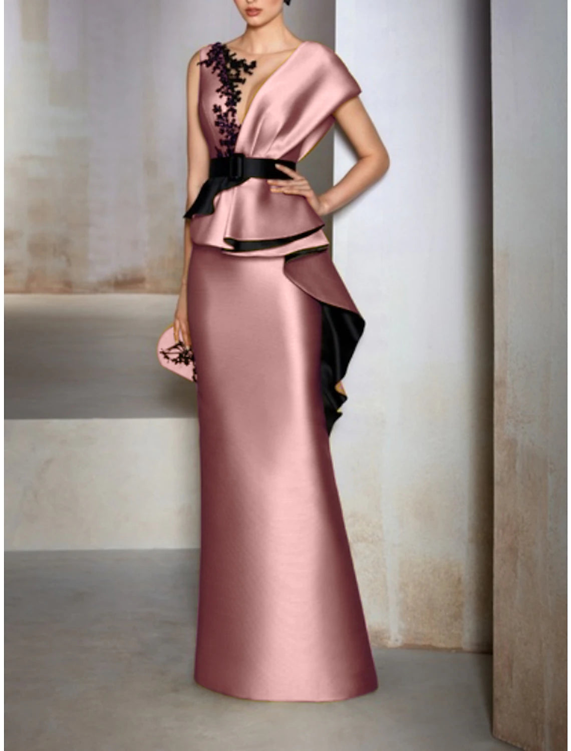 Vestido de noche elegante de satén amarillo con corte tubo/columna color champán, negro, formal, largo hasta el suelo, manga corta, escote en V con volantes y apliques bordados 2025