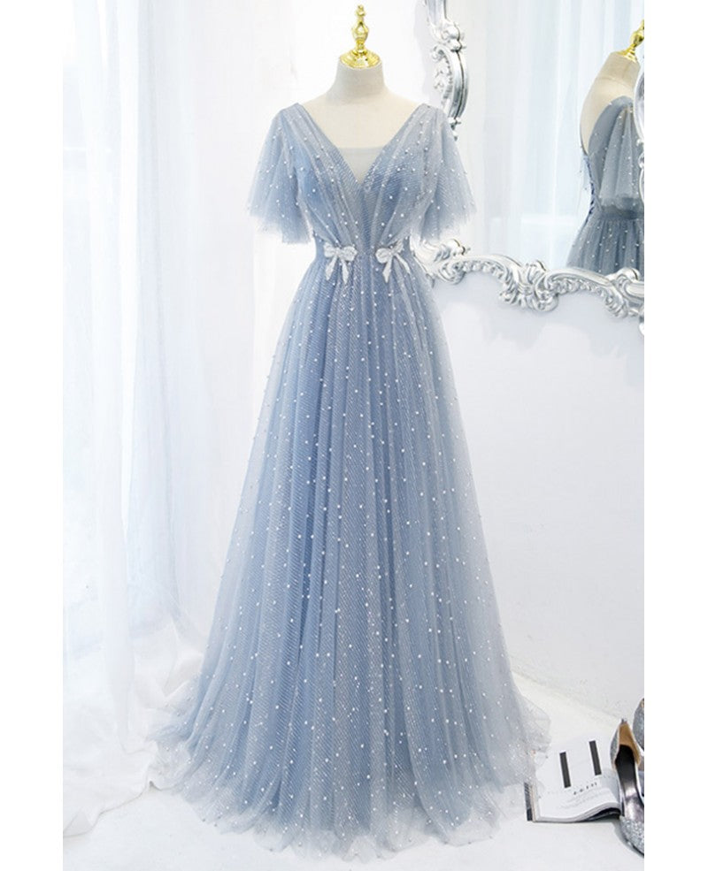 Sweet and elegant sky blue beaded short sleeved sheer ball dress with sky blue A-shaped backless strap and ground length prom dress
