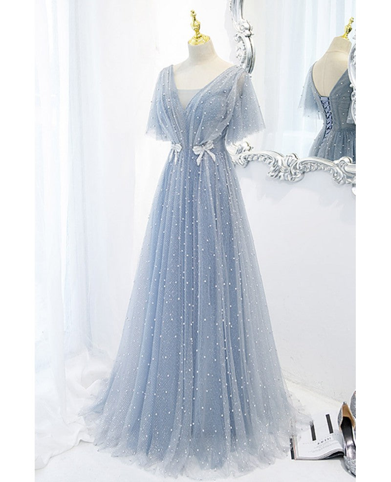 Sweet and elegant sky blue beaded short sleeved sheer ball dress with sky blue A-shaped backless strap and ground length prom dress