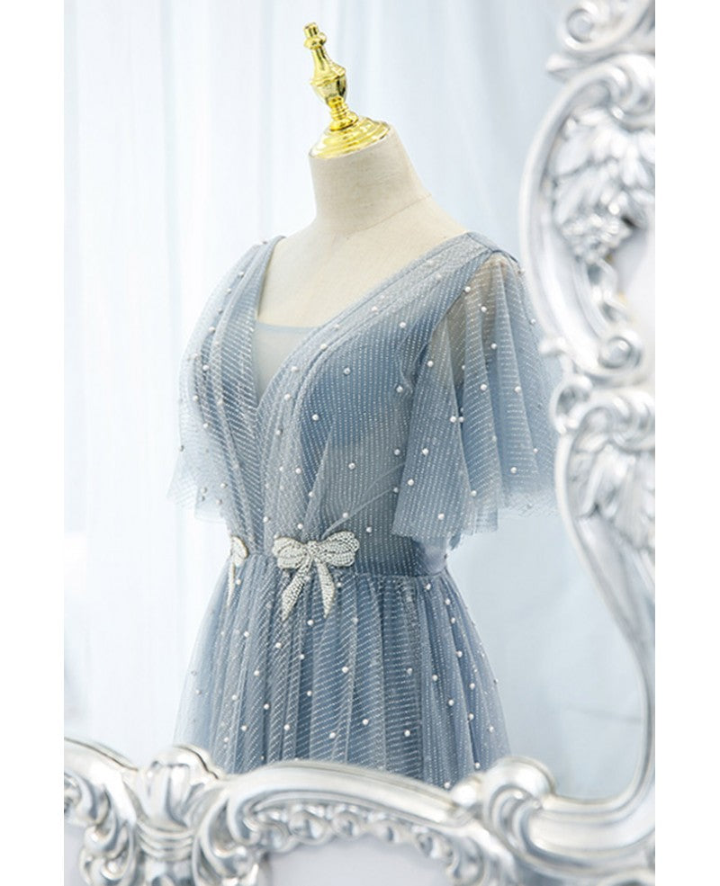 Sweet and elegant sky blue beaded short sleeved sheer ball dress with sky blue A-shaped backless strap and ground length prom dress