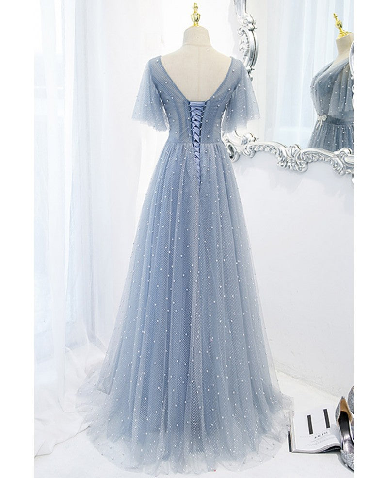 Sweet and elegant sky blue beaded short sleeved sheer ball dress with sky blue A-shaped backless strap and ground length prom dress