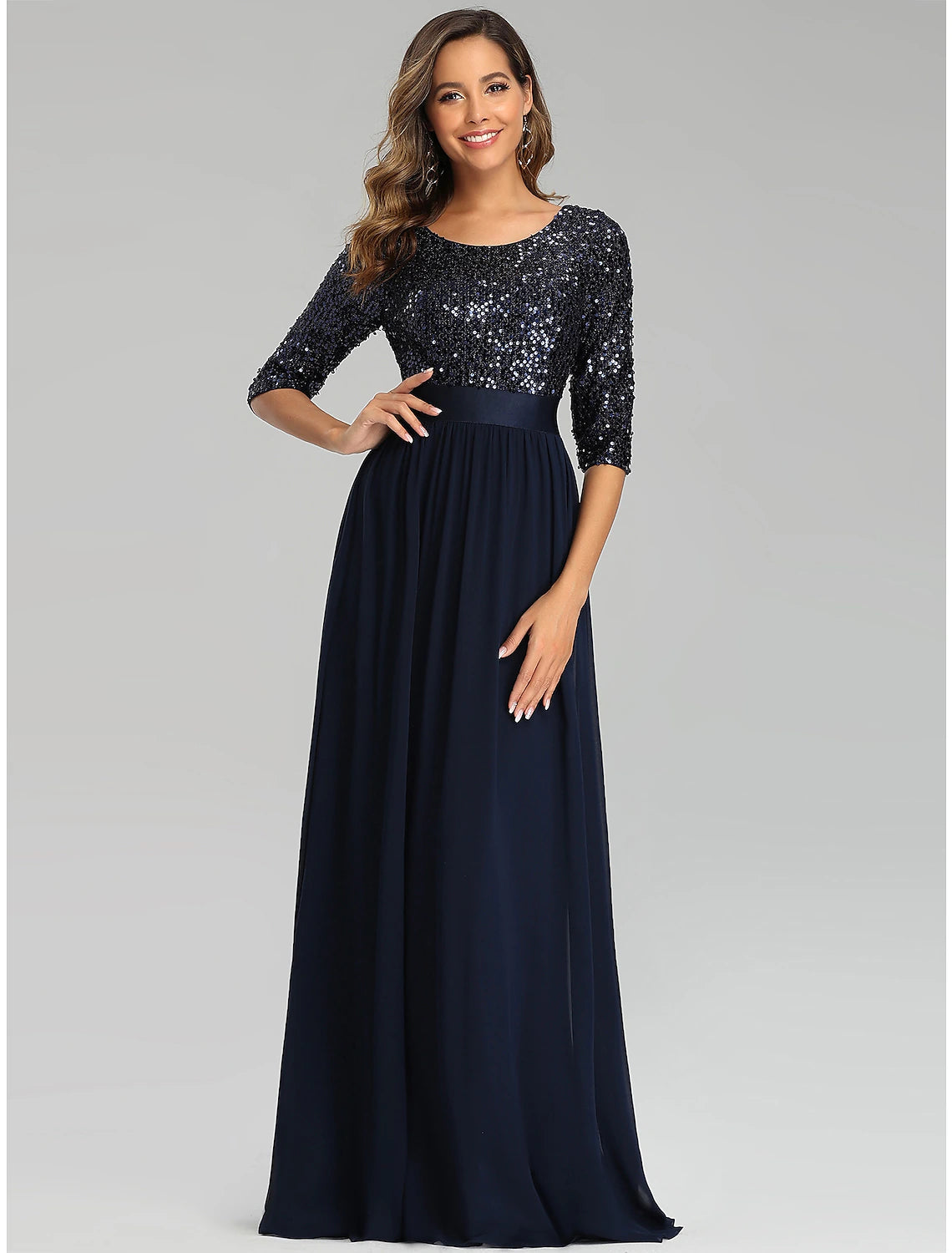 Dark Navy Sequin & Chiffon A-Line Floor-Length Evening Dress with Scoop Neck