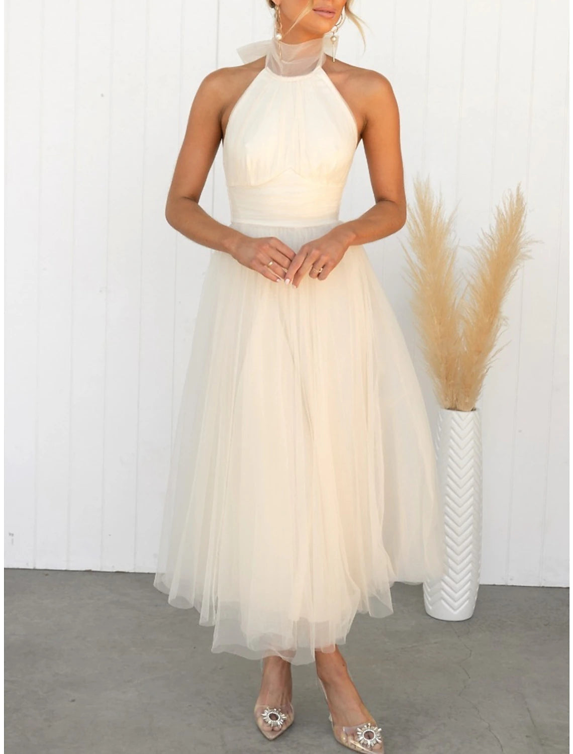 Women's Prom Dress Party Dress Homecoming Dress Long Dress Maxi Dress Black White Yellow Sleeveless Pure Color Mesh Summer Spring Halter Neck Fashion Evening Party Wedding Guest Vacation