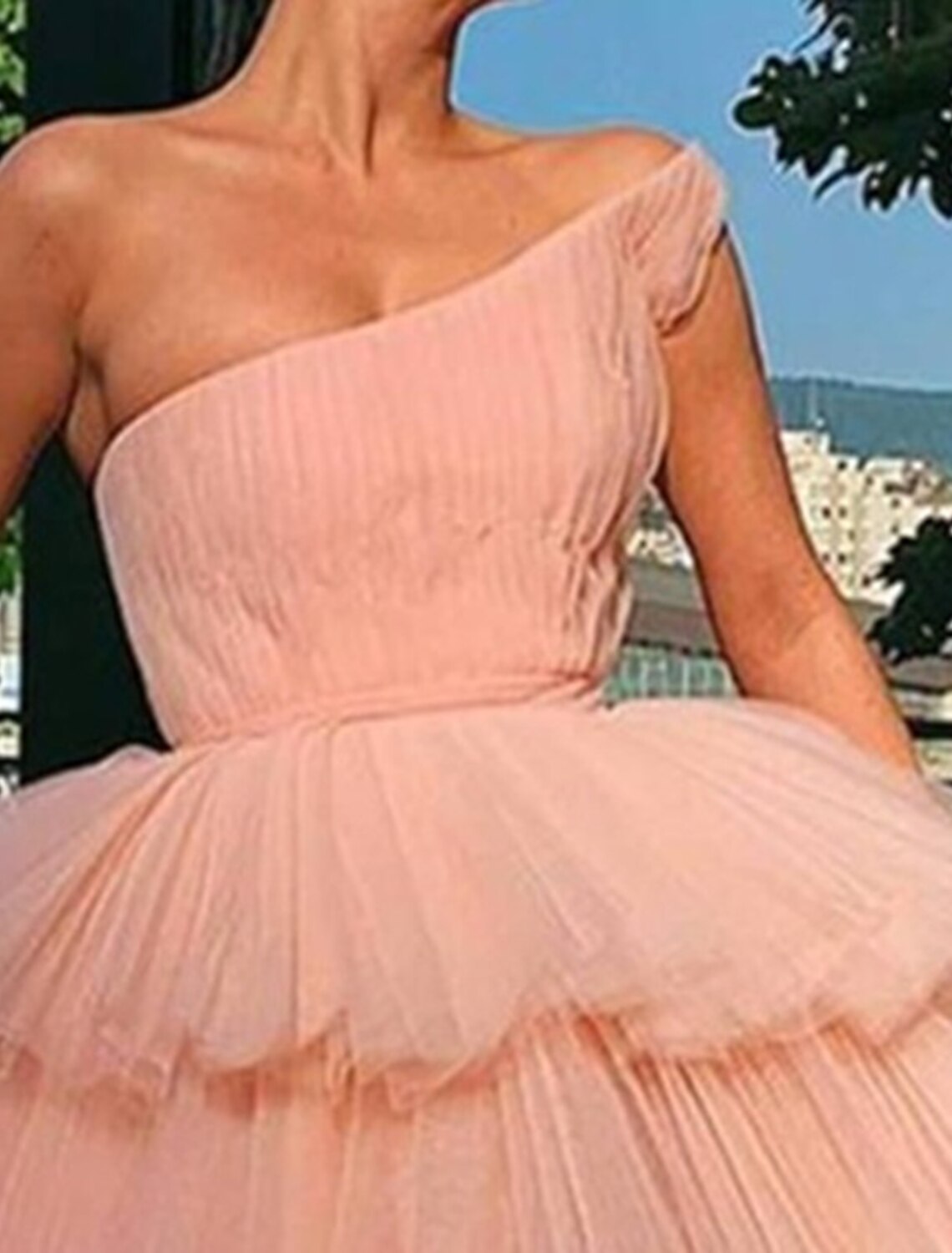 Blushing Pink Tulle One Shoulder Short A-Line Dress with Tiered Skirt