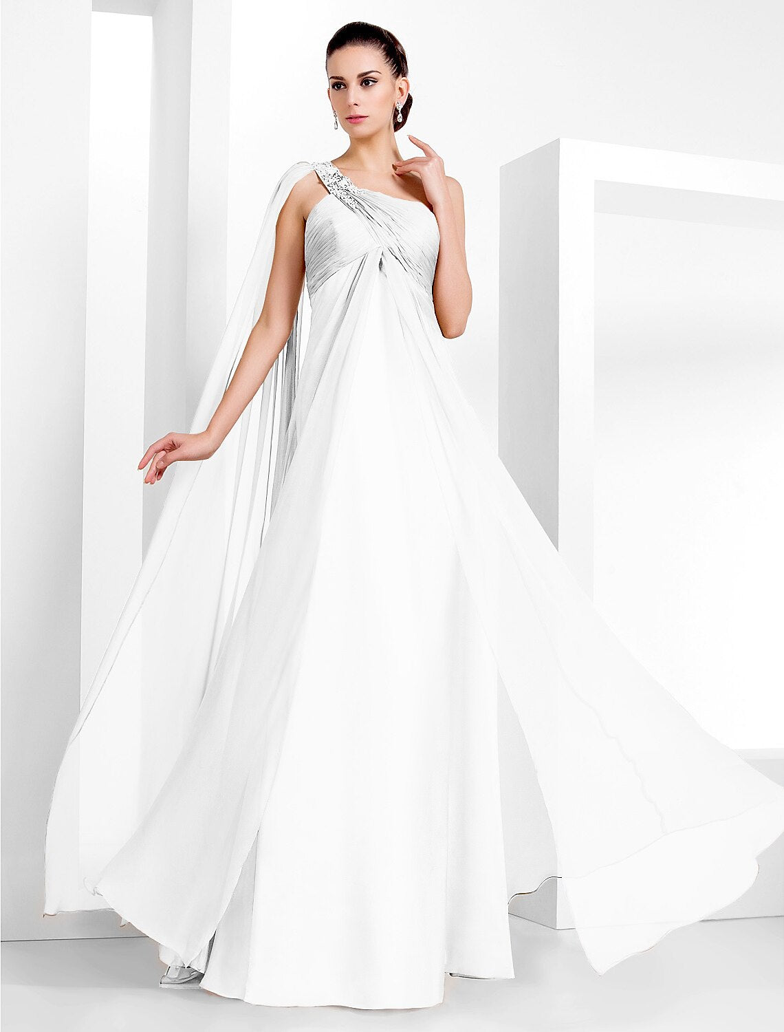 Champagne Chiffon A-Line Floor-Length Evening Dress with One Shoulder & Beaded Strap