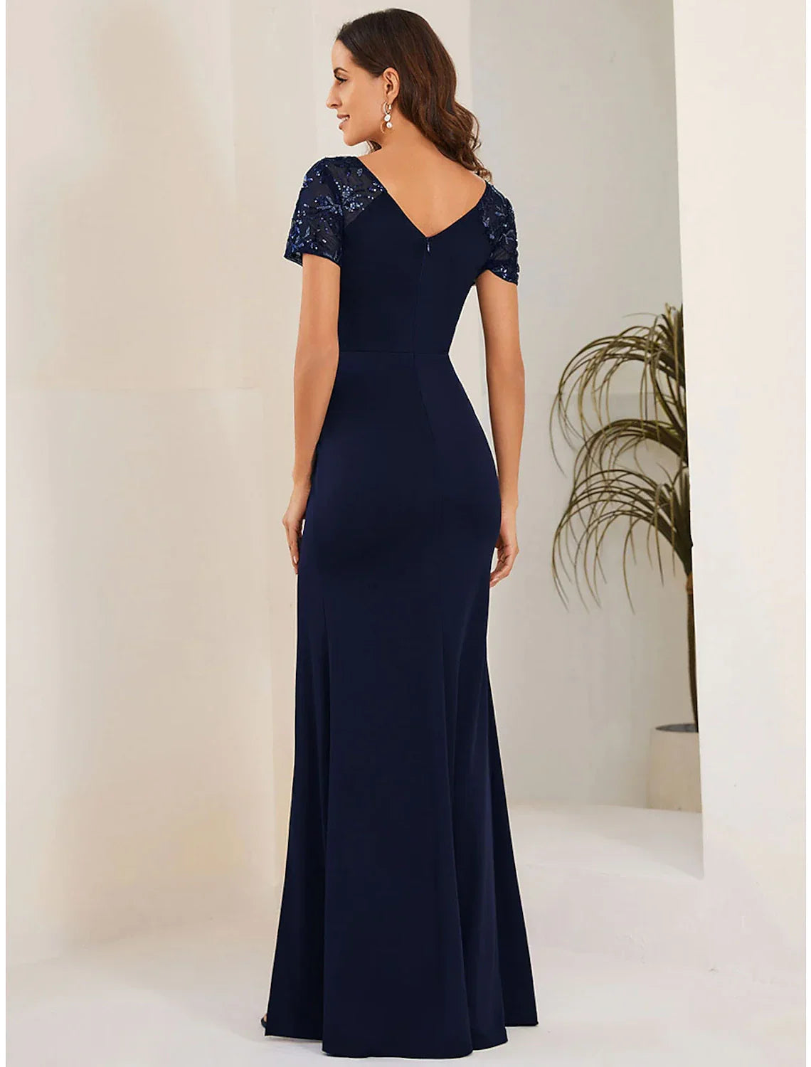 Dark Navy Chiffon V-Neck Floor-Length Evening Dress with Twisted Bodice, High Slit & Sequined Sleeves