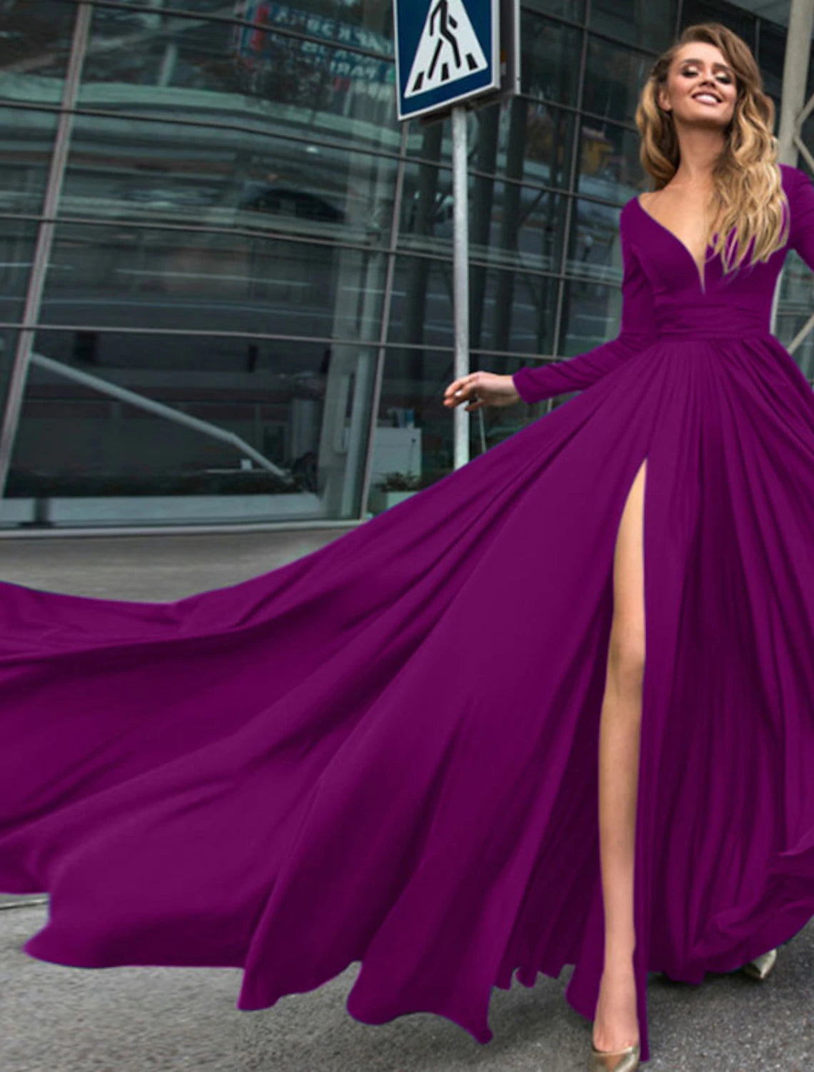 Black Chiffon A-Line Floor-Length with V-Neck & Plunging V-neck + High slit (for Evening-Party & Formal-Event)