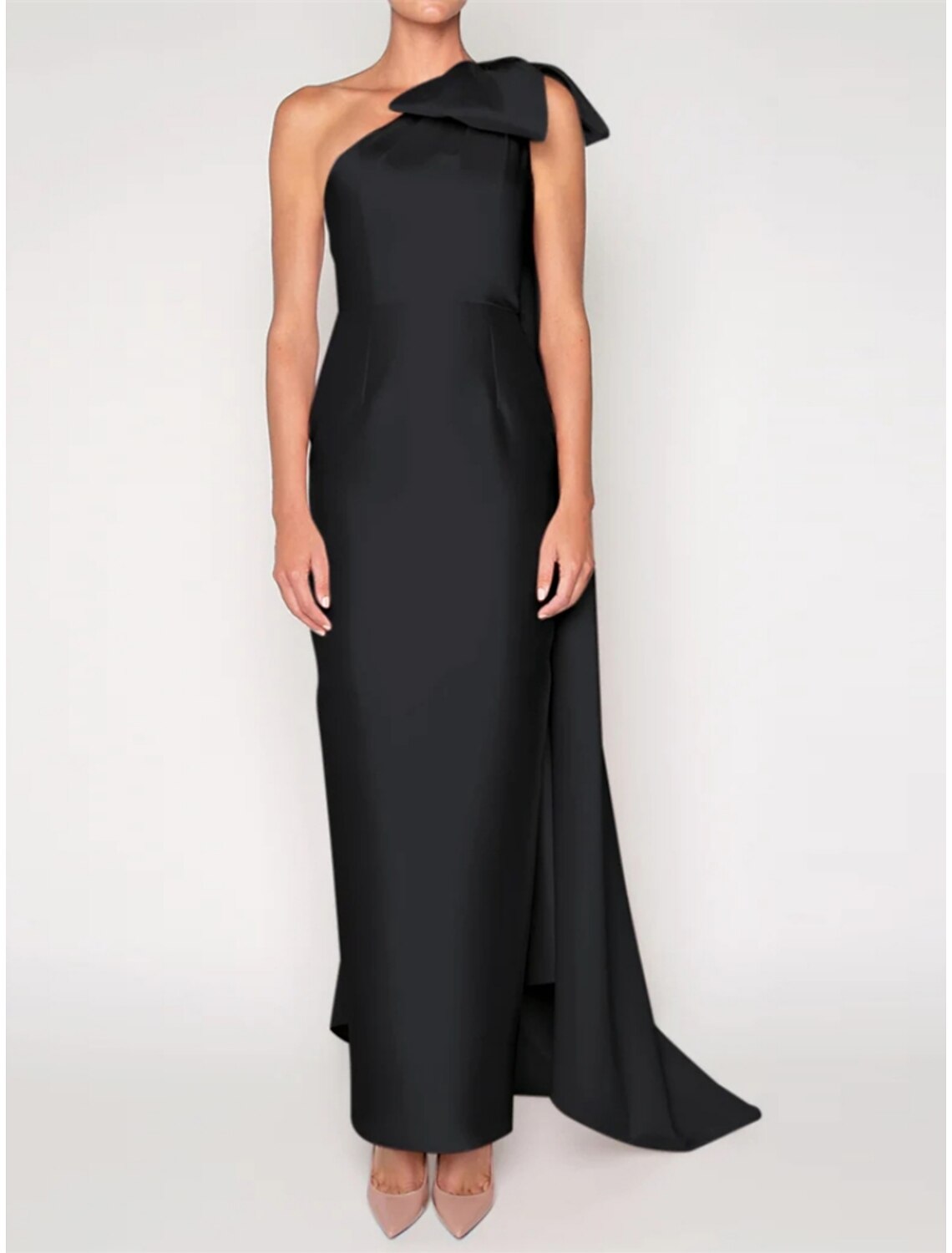 Vestido de noche elegante de satén con corte en forma de columna, rojo y verde navideño, formal, con cola larga y sin mangas, un hombro con flores en los hombros, 2025