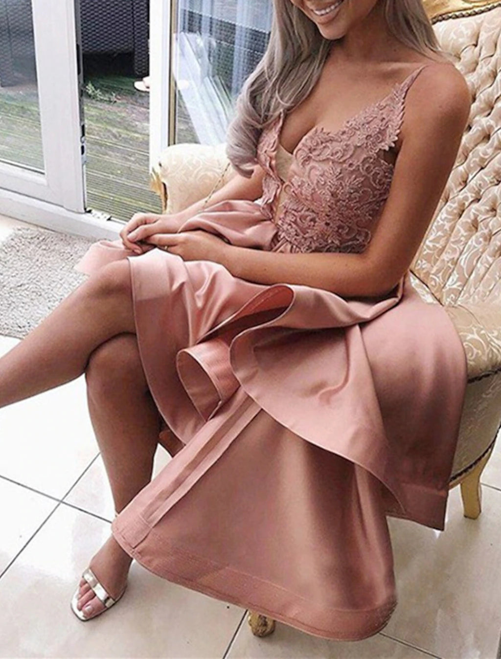 Blushing Pink Satin A-Line Asymmetrical Dress with Lace Bodice and High-Low Hem