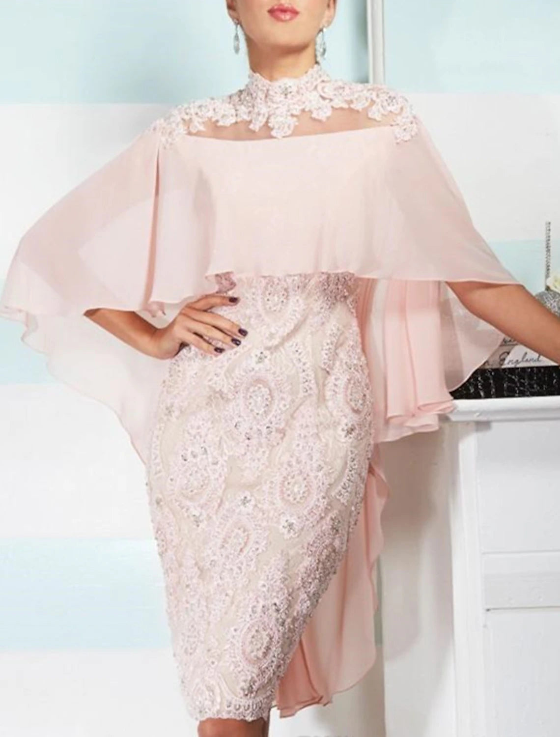 Blushing Pink Lace Sheath/column Tea-Length Evening Dress with Illusion High Neck and Chiffon Cape