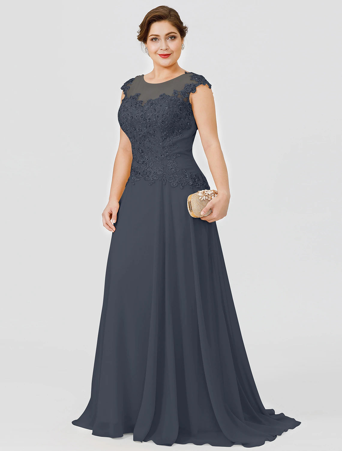 Abito da cerimonia per la madre della sposa, elegante, in stile a trapezio, con scollo a V, in chiffon, con perline e pizzo, a maniche corte, senza fiocco/fiocco/i e pieghe.