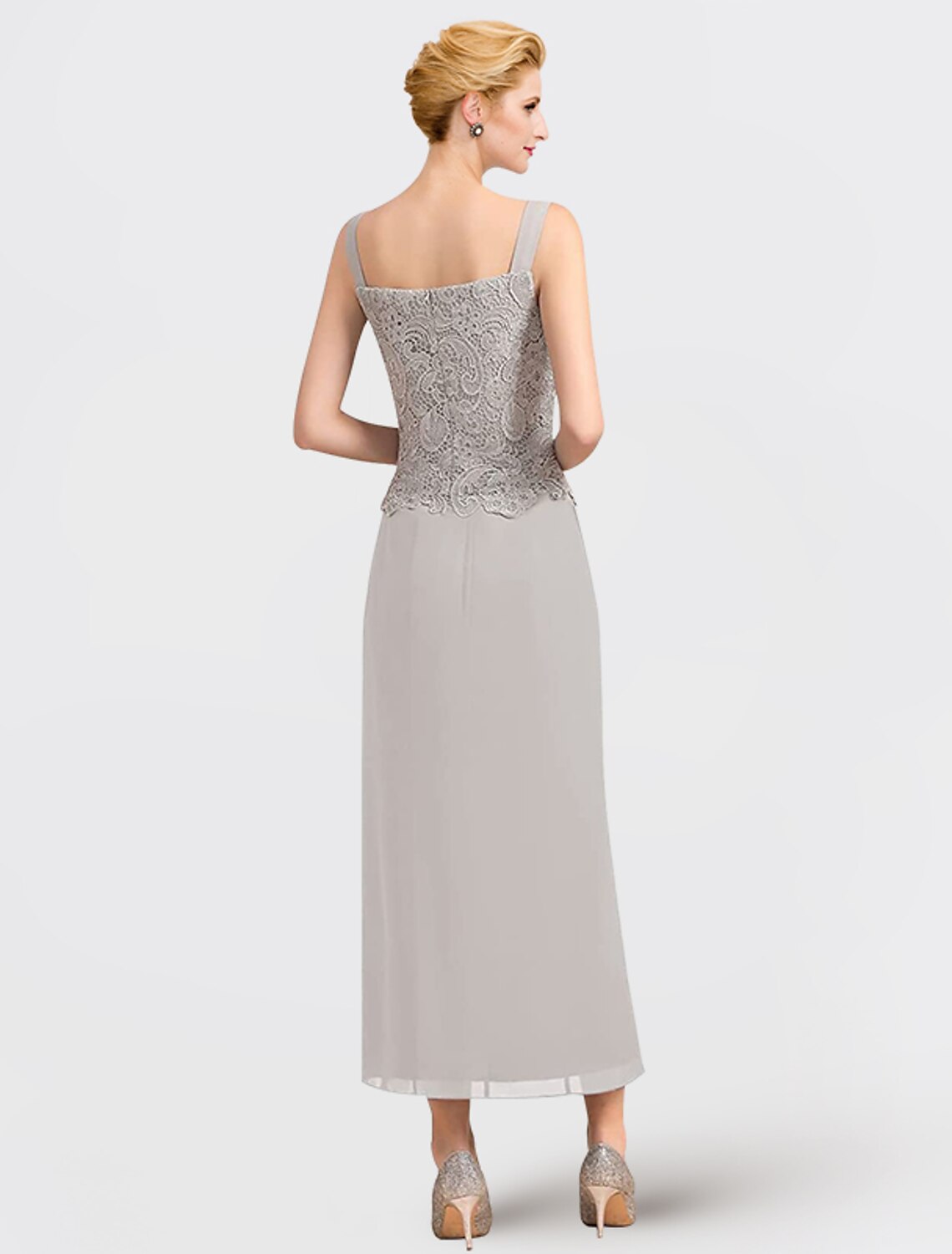 Vestido de dos piezas para madre de la novia, formal, para invitada de boda, elegante, escote cuadrado, largo hasta los tobillos, de gasa, con encaje, sin mangas, cruzado, incluido con apliques