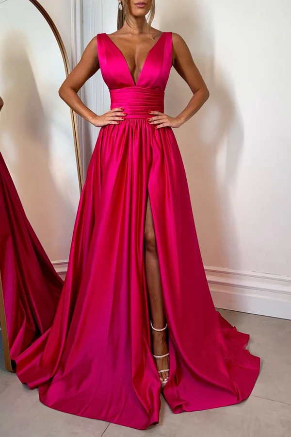 Vestido de noche de fiesta con cola, escote en A de satén, pliegues sin mangas y aberturas laterales